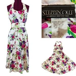 Vintage STEPPIN OUT Sz 9 Dress Floral Halter Maxi 80s PinUp Girl Party Sun Dress